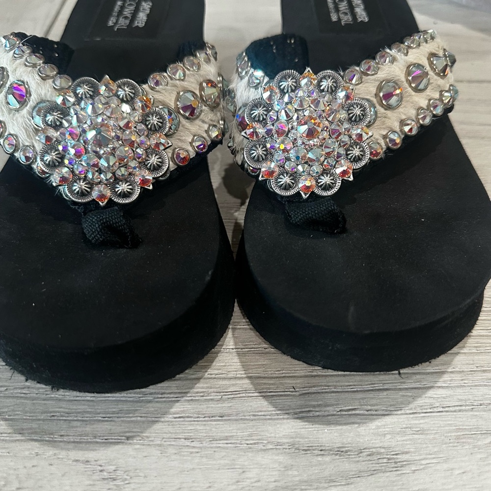 Embellished Black Platform Thong Sandals - Crystal Accent